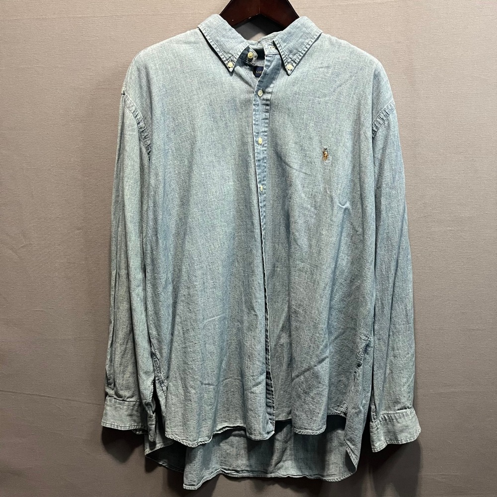 Ralph Lauren Mens 2XB Light Wash Chambray Denim Button Down Shirt Long Sleeve